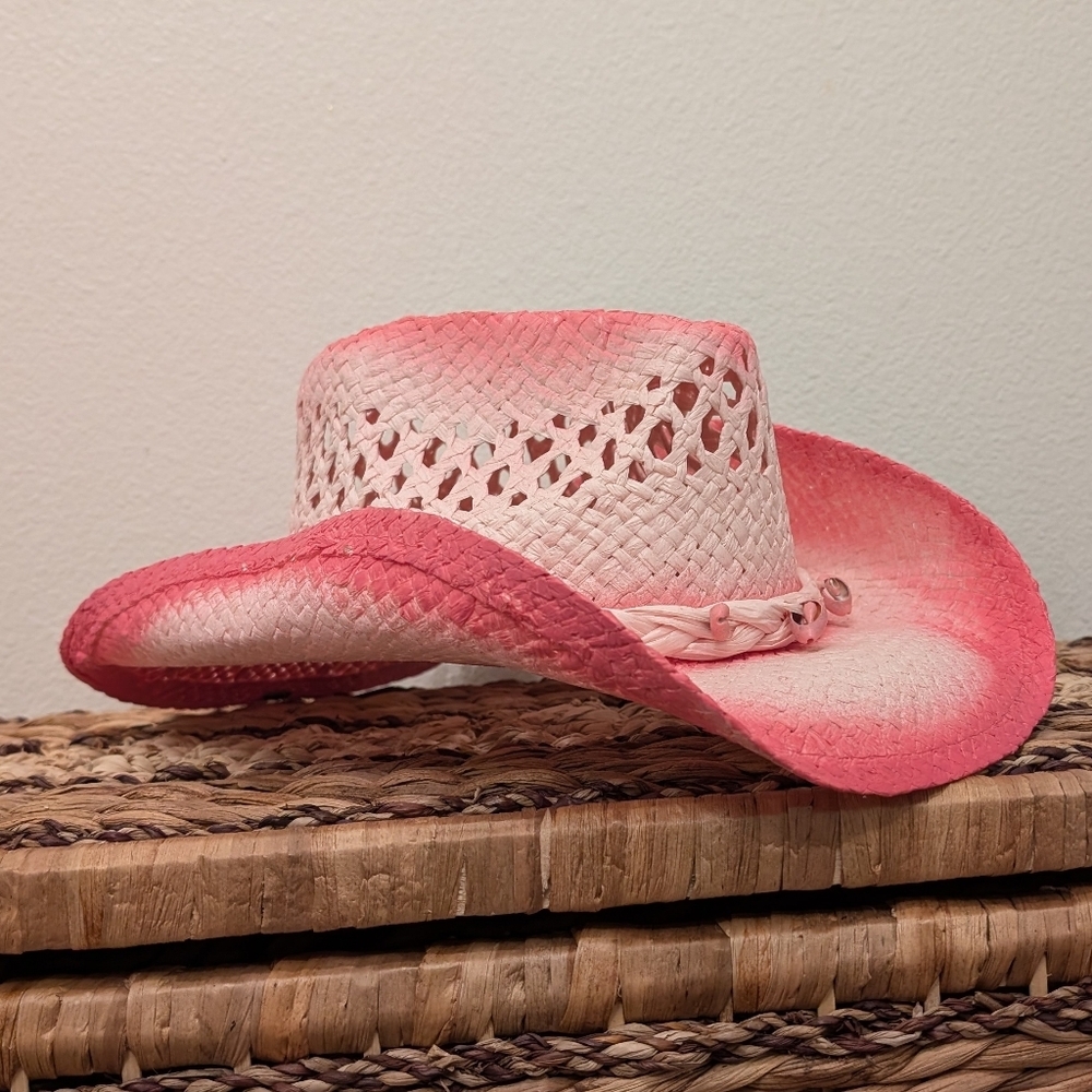 Vintage Coastal Headwear Pink Tea Stain Straw COWBOY HAT WESTERN cowgirl - Picture 1 of 10